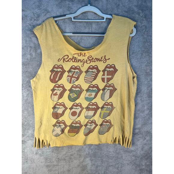 Upcycled Rolling Stones T-Shirt Large Yellow Off The Shoulder Fringe Festival - Picture 1 of 7